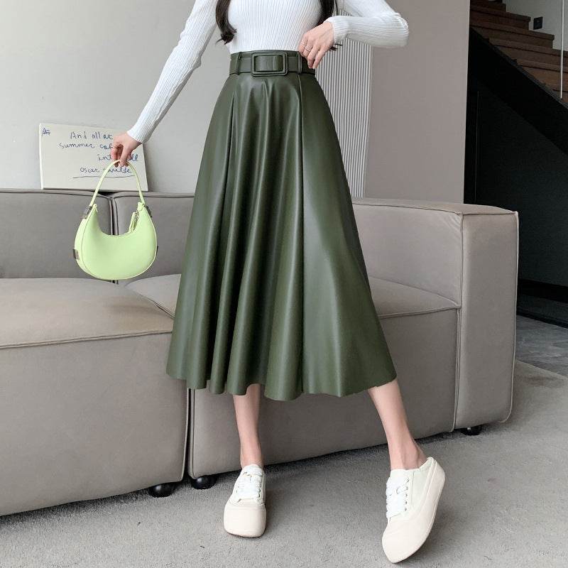 Elegant women High waist Flared Midi PU Leather skirt