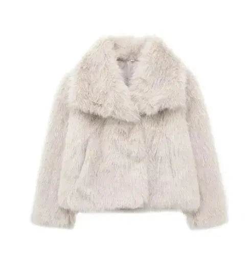 Manteau d'hiver en peluche à col ouvert et revers épais, manteau en fausse fourrure pour femmes