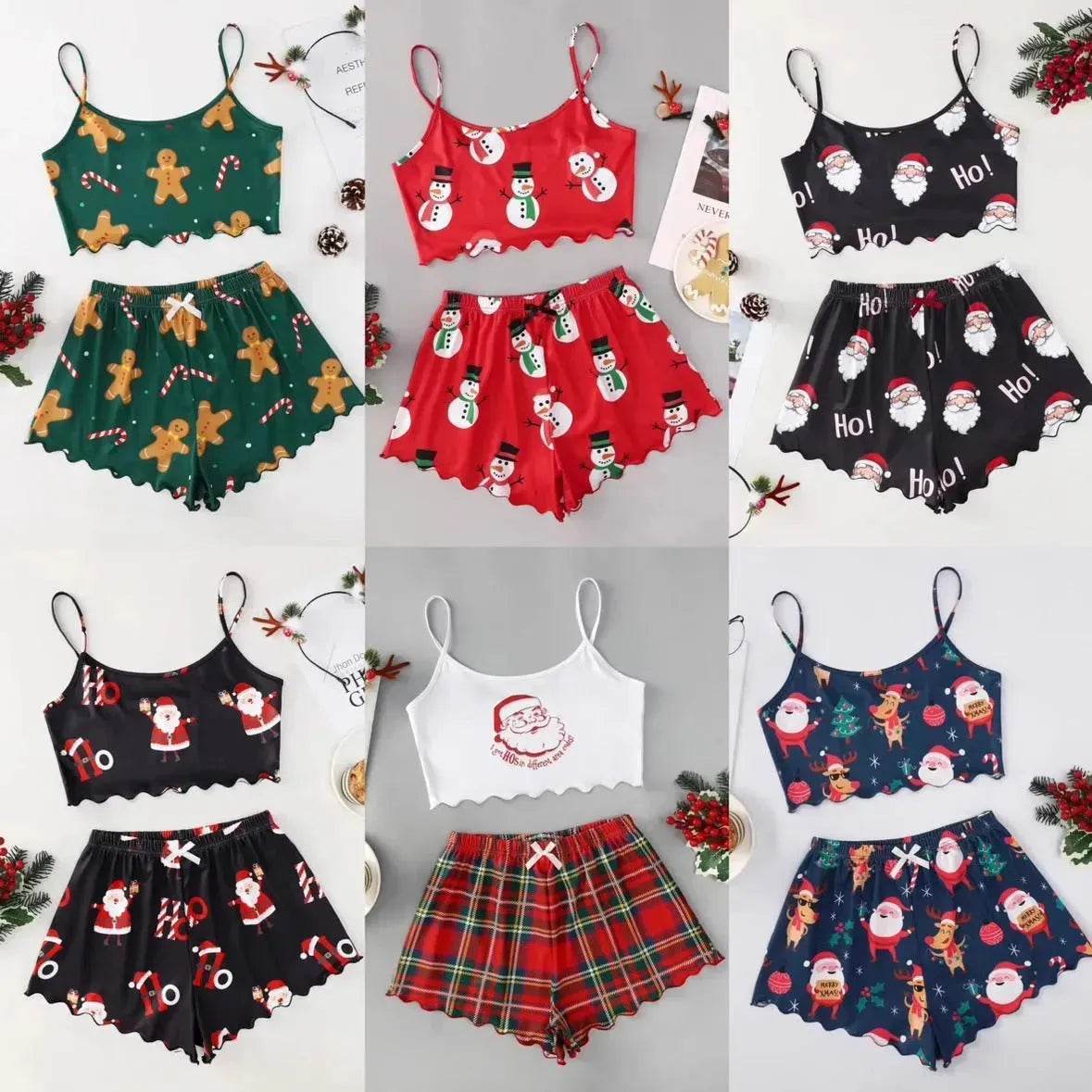 Pyjama de Noël européen et américain pour femme - Débardeur et short - Soie de lait - Simple et décontracté - Deux pièces - Vêtement d'intérieur