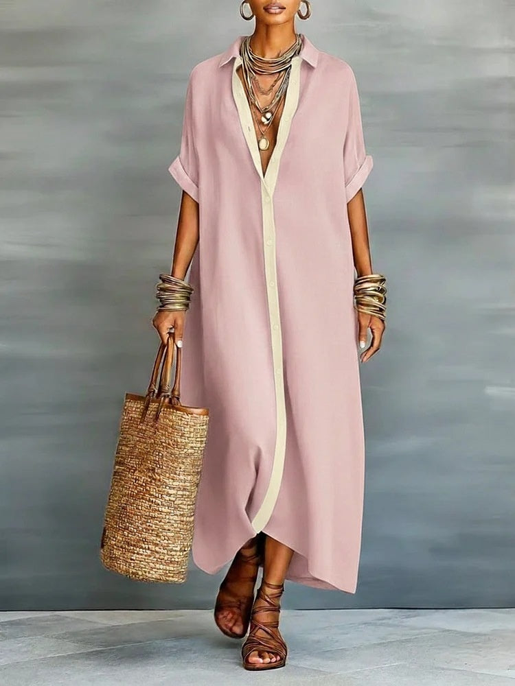 Women’s Summer Short-Sleeve Shirt Dress – Lapel Collar Button-Front Maxi Dress