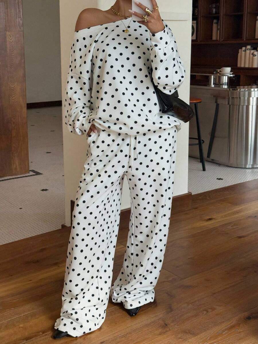 Women’s Polka-Dot Print Two-Piece Set – Long-Sleeve Sweatshirt & Loose-Fit Full-Length Pants