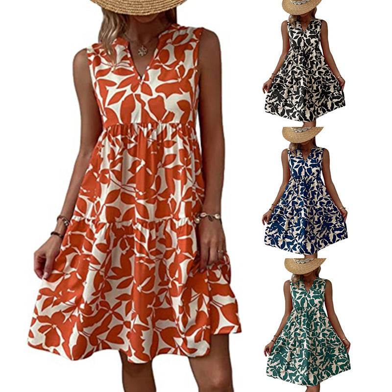 Robes bohèmes d'été, mode plage, col en V ample, imprimé plissé, sans manches, pour femmes