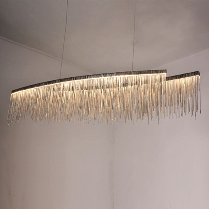 Personalized Minimalist Chandelier – Modern Silver Aluminum Pendant Light with Tassel Design for Dining & Living Room