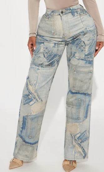 Denim Printed Jeans – Women’s High Rise Flare Leg Jeans