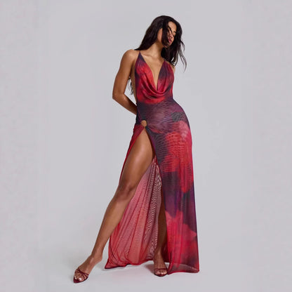 French-Style Printed Deep Halter Neck Backless Waist-Cinching Dress