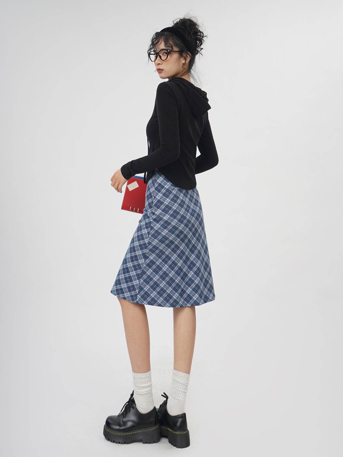 Plaid A- Line Skirt Women's High Waist student Midi Skirt