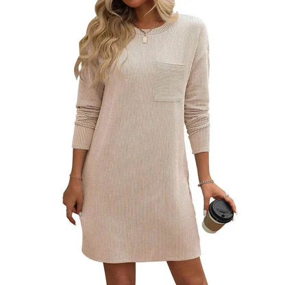 Casual New Solid Color Striped With Pockets Long Sleeve Loose Mini Dress Fashion Round Neck Straight Dress Women's Clothing