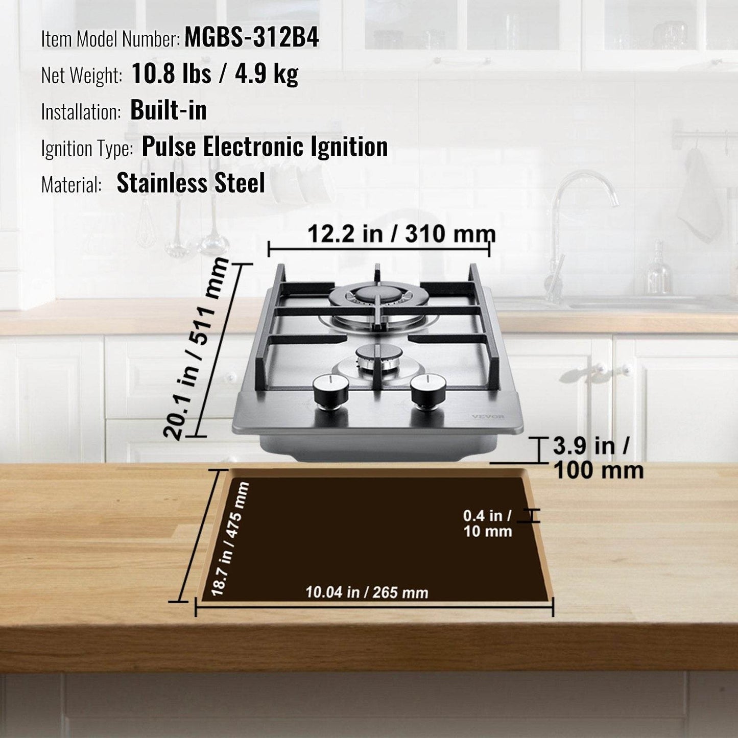 Gas Cooktop 12 Inch, Max 12250BTU 2 Burners Built-in Stainless Steel Gas Stove Top, LPG NG Convertible Dual Fuel Natural Gas Hob With Thermocouple Protection