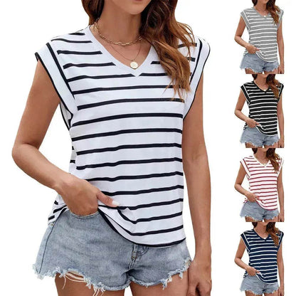 T-shirt à manches courtes et col en V imprimé rayures tendance, haut décontracté ample d'été pour femme