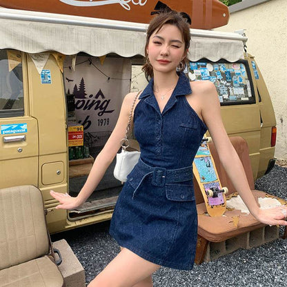 Mini Sleeveless Sheath Denim jeans halter neck Dress