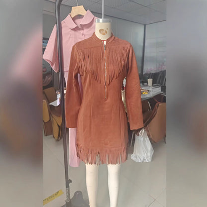 Western Cowboy-Style Suede Fringe Bodycon Mini Dress with Long Sleeves