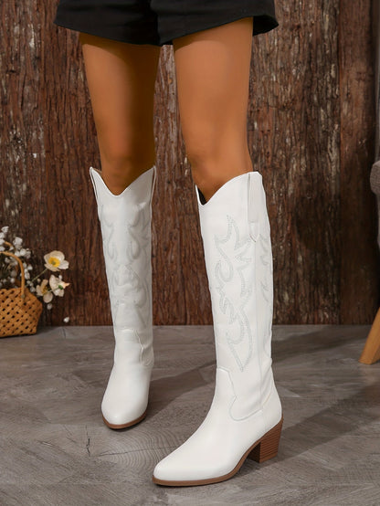Bottes de cowboy à enfiler richement brodées pour femmes - Bout pointu à la mode, talon épais, hauteur genou - Style occidental authentique avec un confort ultime - Parfaites pour les vacances