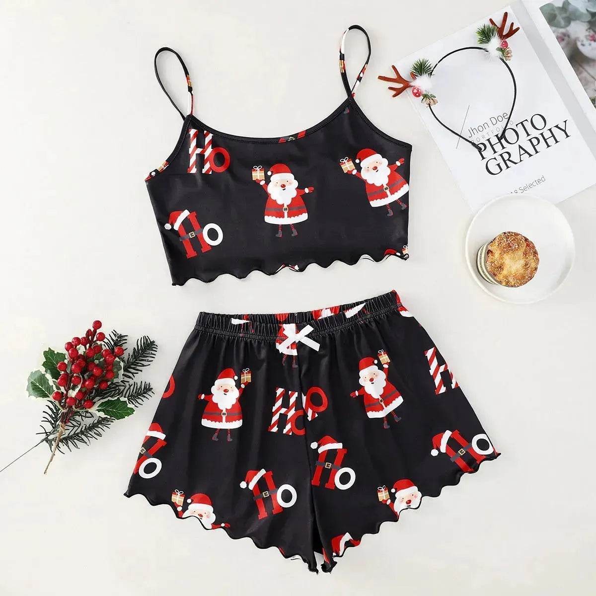 Pyjama de Noël européen et américain pour femme - Débardeur et short - Soie de lait - Simple et décontracté - Deux pièces - Vêtement d'intérieur