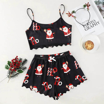 Pyjama de Noël européen et américain pour femme - Débardeur et short - Soie de lait - Simple et décontracté - Deux pièces - Vêtement d'intérieur