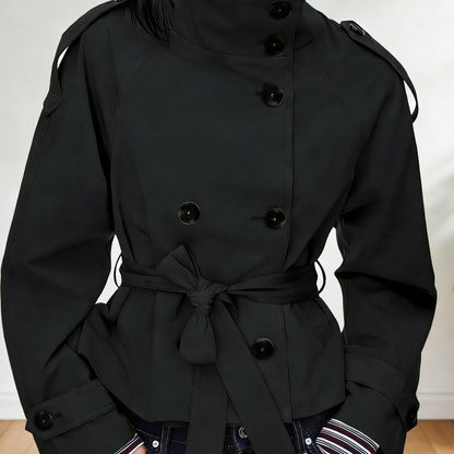 Women’s Retro Double-Breasted Trench Coat – Lapel Collar Long-Sleeve Lace-Up Short Jacket