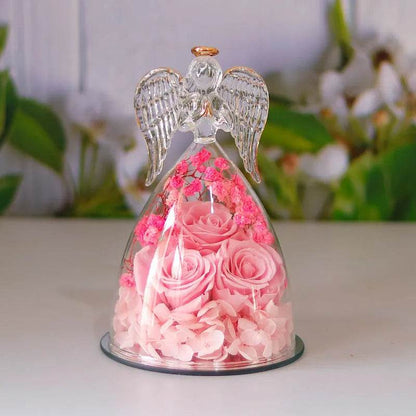 Boîte cadeau Fleur Éternelle Ange Sous Cloche Verre Rose Séchée Boîte Cadeau Pour Noël Nouvel An Saint Valentin Décoration Maison