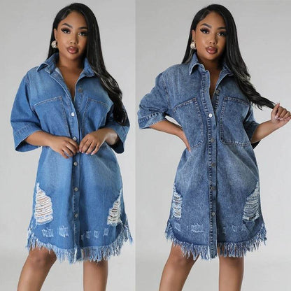 Women's Fashion 3/4 sleeve Mid Length loose Denim Jeans Dress