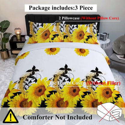 Parure de lit 3 pièces imprimé tournesol noir et blanc Housse de couette et taies d'oreiller Fleur jaune Parure de lit en polyester pour adultes Décoration de chambre à coucher Taille Twin Full Queen King