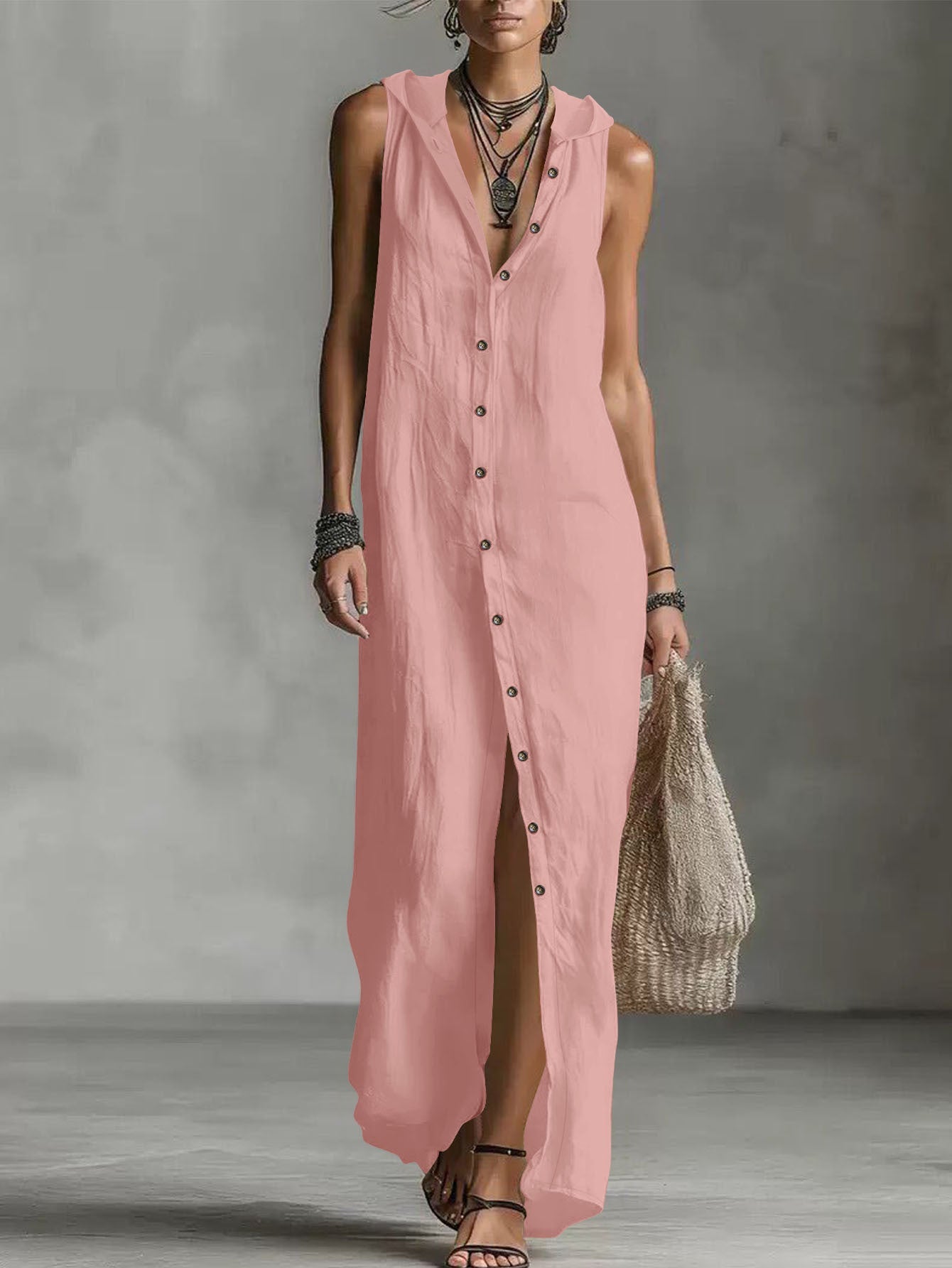 Women's Hooded Sleeveless Button-Down Split Maxi Dress – Casual Vacation Long Dress for Spring & Summer