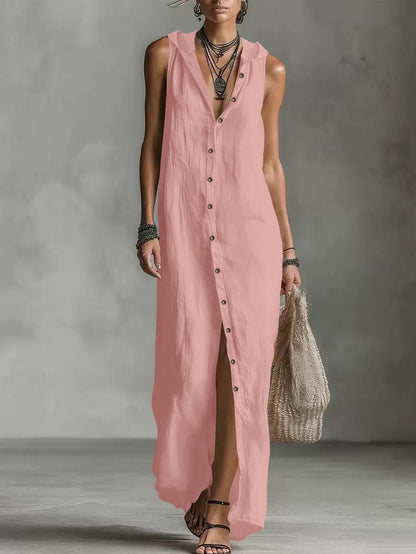 Women's Hooded Sleeveless Button-Down Split Maxi Dress – Casual Vacation Long Dress for Spring & Summer
