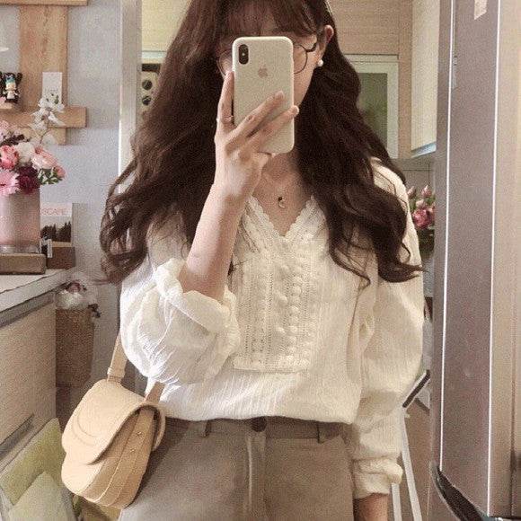 Unique Chic V-neck Long-sleeved Linen blouse top women