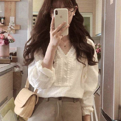 Unique Chic V-neck Long-sleeved Linen blouse top women