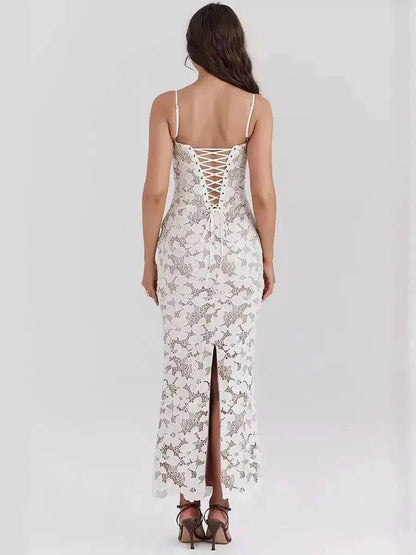 White Lace Wedding Dinner Party Cocktail Bodycon Spaghetti Strap Split Long Dress