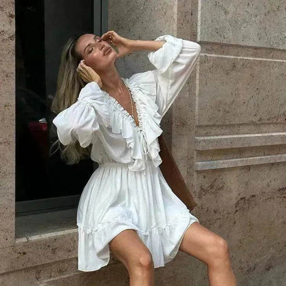 Robe plissée à volants et manches longues col en V style décontracté Y2K Robe patineuse courte col en V manches évasées Vêtements femme