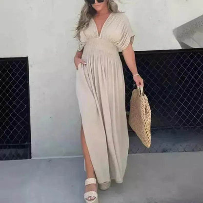 Robe longue fendue d'été à manches chauve-souris, col en V, taille élastique et manches courtes pour femme