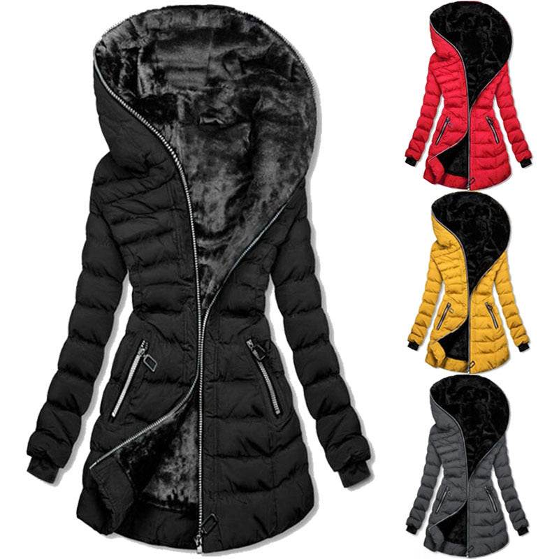 Veste matelassée à capuche chaude en polaire, longueur moyenne, noire