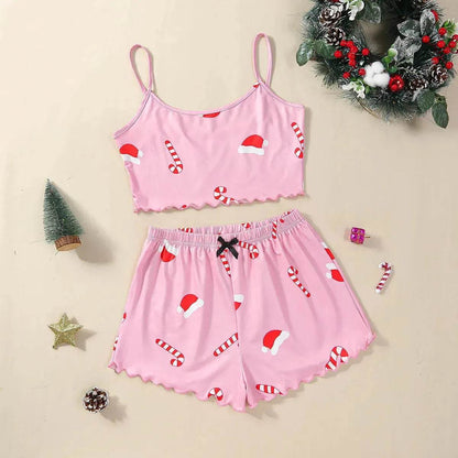 Pyjama de Noël européen et américain pour femme - Débardeur et short - Soie de lait - Simple et décontracté - Deux pièces - Vêtement d'intérieur