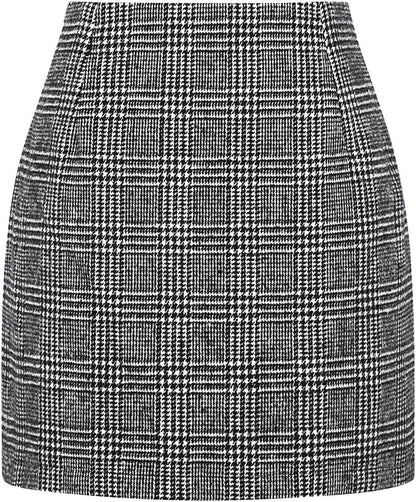Women's High Waist Plaid Tight Pencil Wool Mini Skirt
