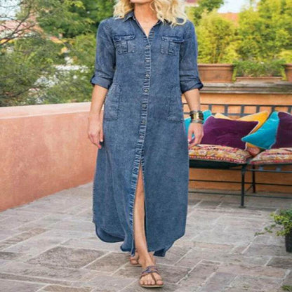 Summer New Women's Loose Solid Color Casual Single-breasted Denim Dress