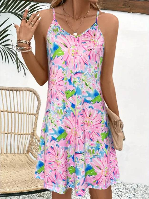 Floral Print Spaghetti Strap Dress, Elegant V Neck Sleeveless summer mini dress