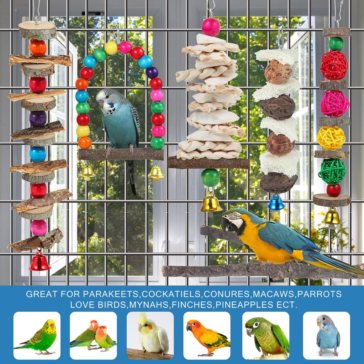 Jouets pour oiseaux, perchoir et jouets à mâcher en bois pour perruches, calopsittes, conures, inséparables, touïs, perruches ondulées, pinsons et autres oiseaux de petite et moyenne taille
