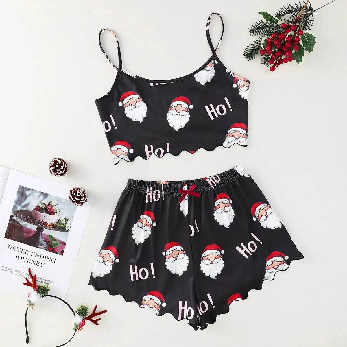 Pyjama de Noël européen et américain pour femme - Débardeur et short - Soie de lait - Simple et décontracté - Deux pièces - Vêtement d'intérieur