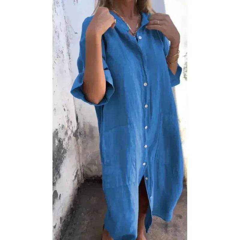 Women Loose Casual Half Sleeve Cotton Linen Buttoned down  Shirt Dress