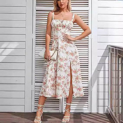 Spring Summer Sleeveless Floral Bohemian Corset flow Slit Midi  Dress