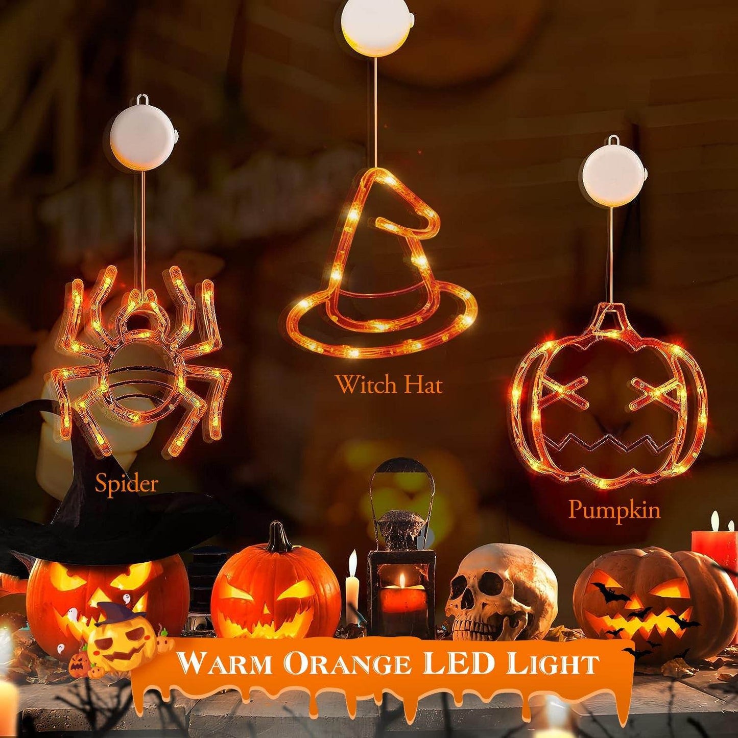 Lot de 3 lumières d'Halloween pour fenêtre, araignée, chapeau de sorcière, citrouille, avec lumière orange, décoration d'Halloween à suspendre avec ventouse et trous de suspension.