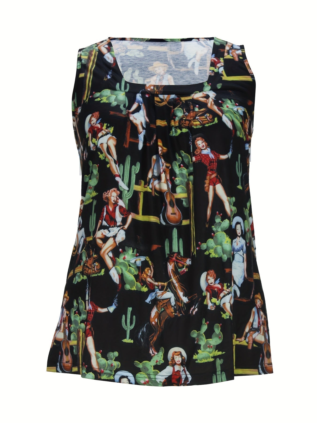 Plus Size Western Chic Vest Tank Top - Relaxed Fit, Medium Stretch, Random Cowboy Print, Square Neck, Pleated Design - Casual Polyester Top for All Seasons