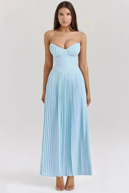 Luxury Blue Strapless Slimming Pleated Long Dress Elegant Tube Dress for Wedding Cocktail Evening Party Events.
