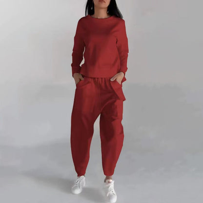 Fashion Women's Lounge Set – Solid Color Pullover Top and Wide Leg Trousers