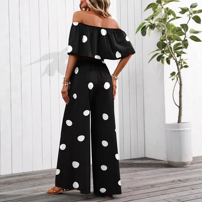 Womens Elegant Resort Polka-Dot Tube Top And Pants Set