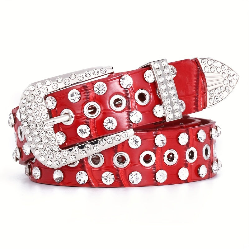 Sparkling Hollow Out Rhinestone Belt Solid Color PU Leather Belt Hip Hop Jeans Pants Belt Y2K Cowboy Cowgirl Belt For Women & Men