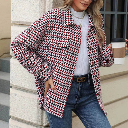 Casual Houndstooth Lapel Tweed Button long sleeve shirt tops for women