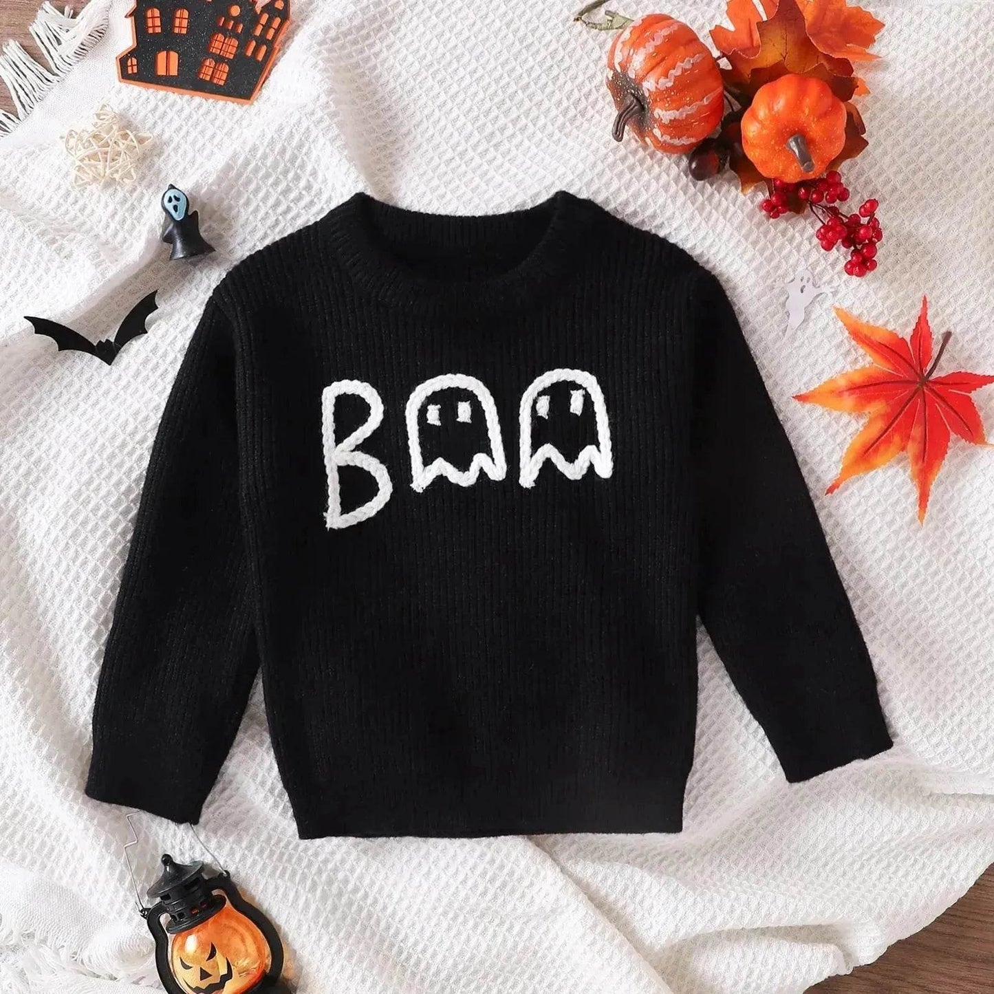 Unisex Cartoon Ghost Embroidered Long-sleeved Sweater Pullover for Boys and girls