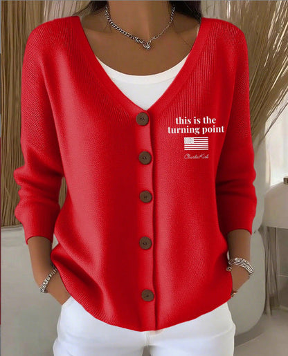Women’s Printed Knit Cardigan Sweater with Buttons – Casual Long-Sleeve Patterned Pullover