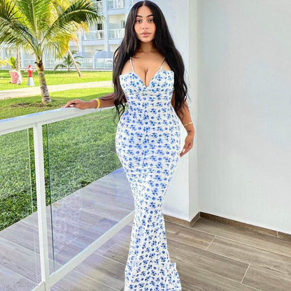 Robe Longue Bretelles Imprimé Floral Été Dentelle Ajustée Dos Nu Pour Femmes