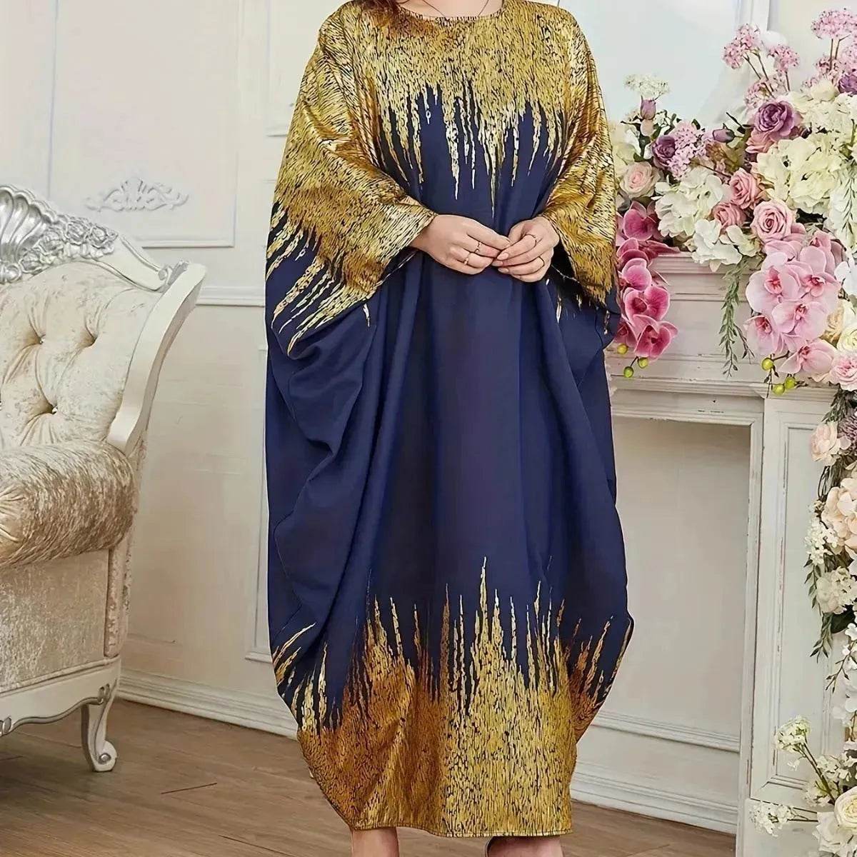 Fashion Embellish Fancy Abaya Middle East Print Color Contrast Patchwork Bat Sleeve Width Loose Summer Long Sleeve Dress