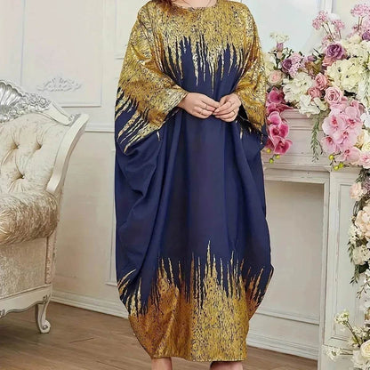 Fashion Embellish Fancy Abaya Middle East Print Color Contrast Patchwork Bat Sleeve Width Loose Summer Long Sleeve Dress